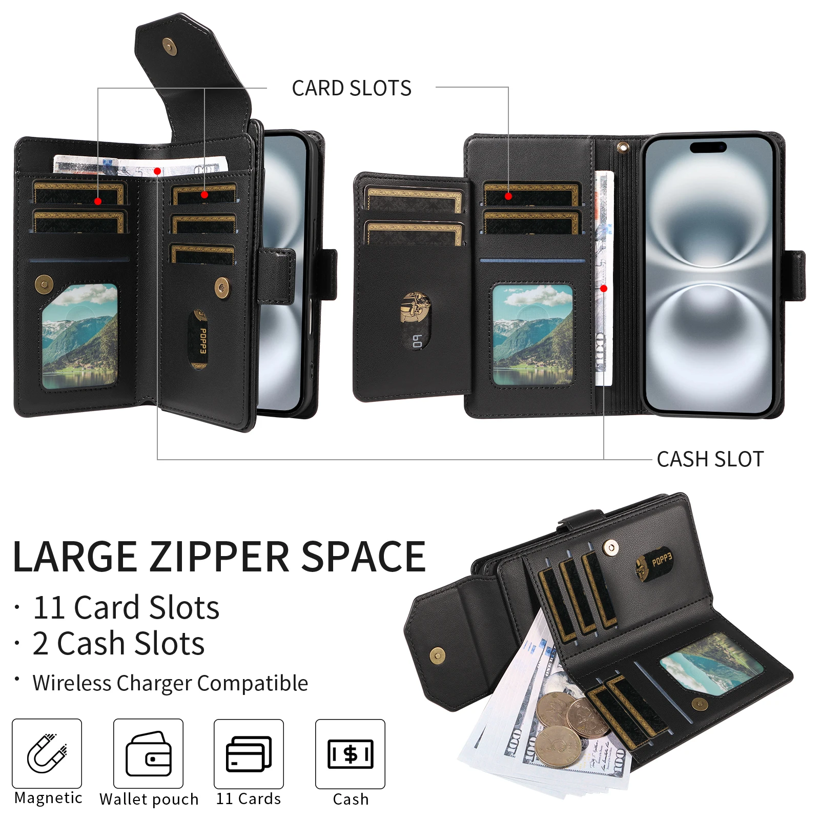 

Wallet Case For iPhone 16 15 14 13 Pro Max 12 11 XS XR 7 8 SE2 Fashion PU Leather Cards Stand Cover Wrise Strap Protective Skins