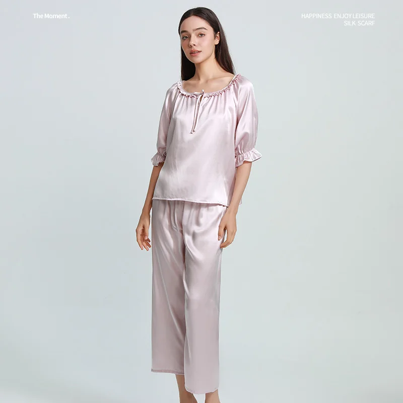 

Ruffled 19MM 100% Mulberry Silk Women's Sleepwear & Loungewear Button Up Lapel Top & Trousers Half Sleeves Cardigan Pajama Set