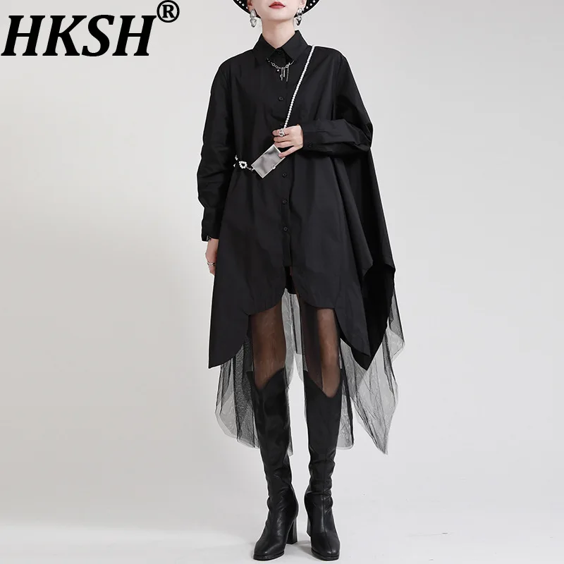 

HKSH 2026, весна-лето, новое женское платье-рубашка с длинными рукавами, нерегулярный дизайн, лоскутное сетчатое элегантное платье большого размера HK18068