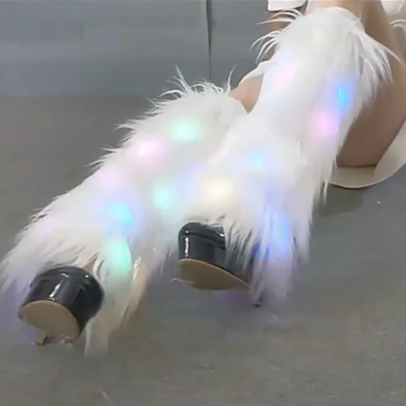 

25/40 см преувеличенные сапоги из искусственной шерсти для диско-клуба, плюшевые носки, длинные женские пушистые высокие носки с подсветкой для выступлений на сцене