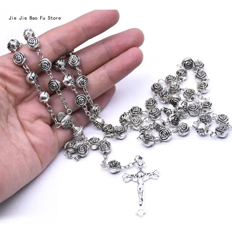 Catholic Rosary Necklace Plastic Rose Flowers Bead Cross Crucifix Pendant Vintage Religious Jewelry