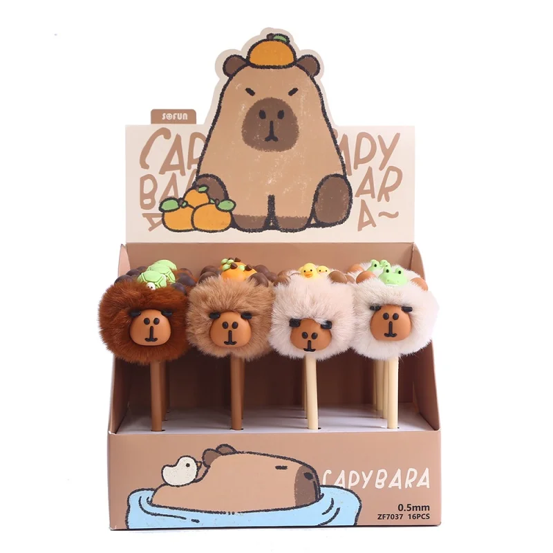 

16pcs/lot Kawaii Capybara Hairball Gel Pen Cute 0.5mm Black Ink Signature Pens Promotional Gift Office School Supplies