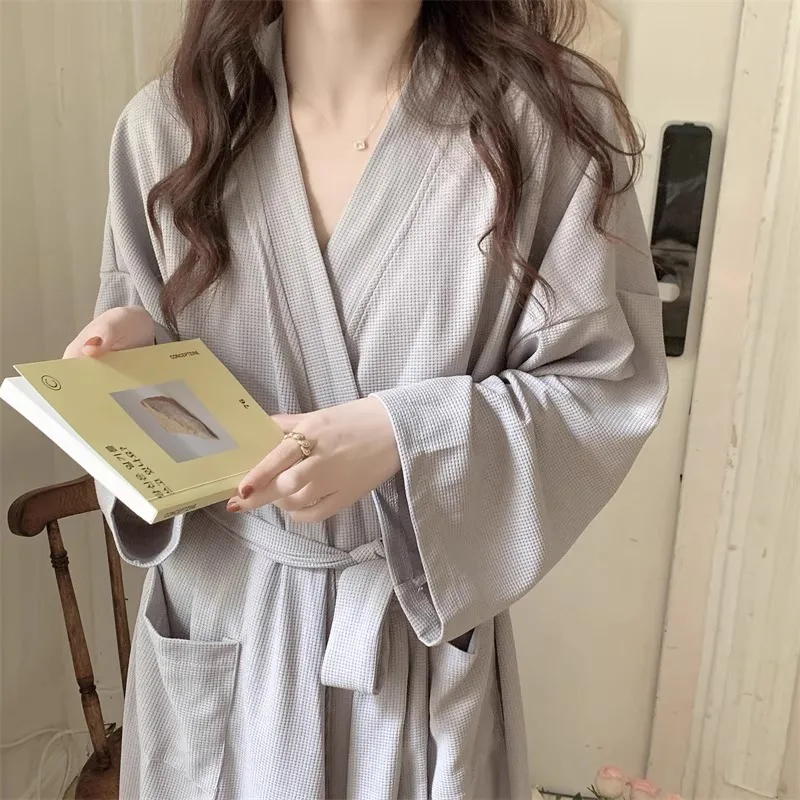 New Waffle Weave Robe Loungewear Pure Desire Style Women's Sleepwear Spring and Autumn Bathrobe Summer Mid-Length Kimono