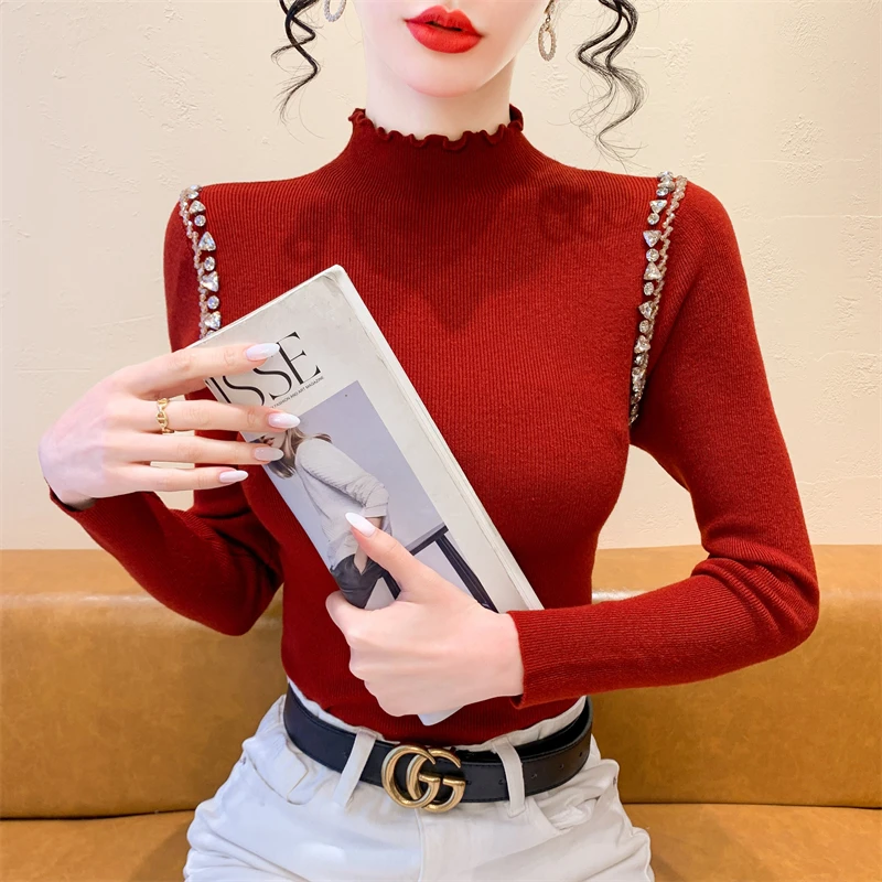 

2025, новинка, европейская, одежда, вязаный, свитер, женский, шикарный, сексуальный, с воротником-стойкой, однотонный, бриллианты, блестящий, бисер, длинный рукав, эластичный, топы, 51031