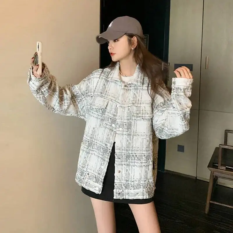 

Модная свободная женская куртка с длинным рукавом, повседневная клетчатая белая весна-осень, винтажный стиль, модная верхняя одежда