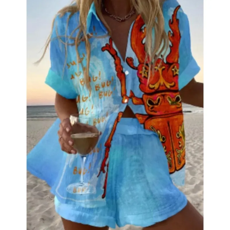 ผู้หญิงสบายหลวมกางเกงขาสั้นชุดฤดูร้อนพิมพ์เสื้อลําลองแขนสั้น + กางเกงขาสั้นขากว้าง 2 ชิ้นชายหาดสวมชุดหญิง