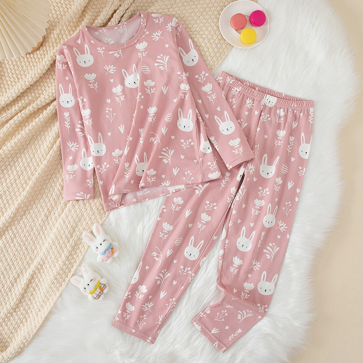 2-teiliges Set aus süßer und niedlicher bedruckter, warmer und dicker Unterwäsche für Mädchen im Herbst und Winter, bequemes langärmeliges Hausset – Detail 5