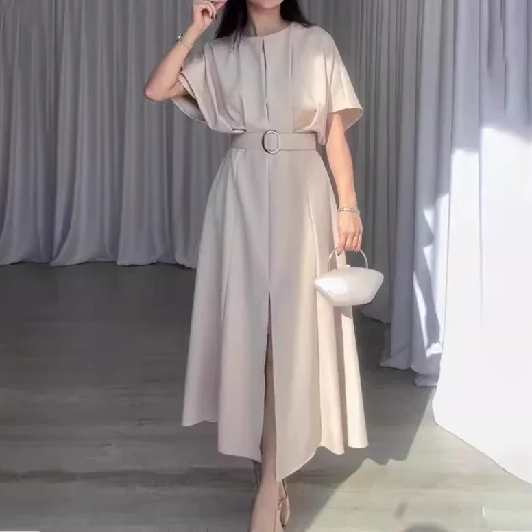 

Women Dress Splice Party Long Dresses Round Neck Short Sleeve High Waist Belt A Line Vestidos Casual Elegant Slim Maxi 2024