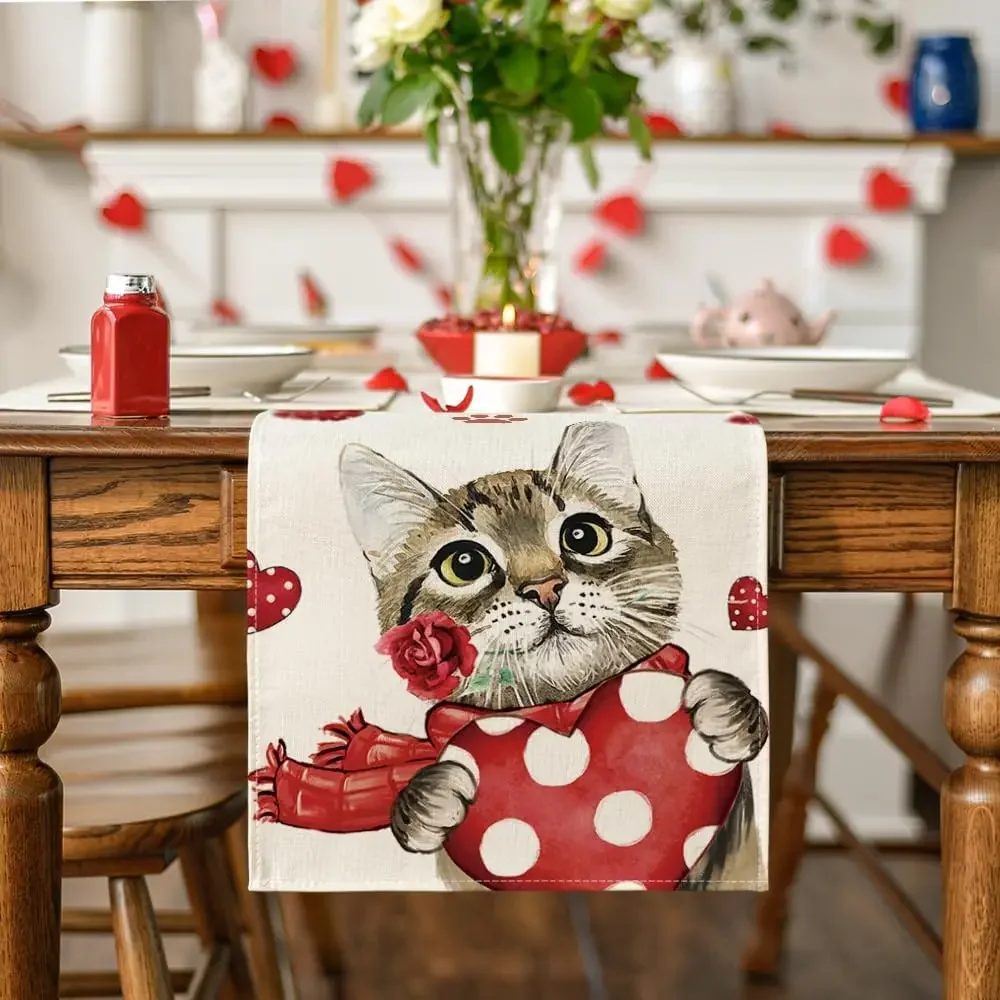 1pc Cute Cat Holding Rose And Polka Dot Heart Table Runner Cream Red Paw Print Pattern Table Cover For Dining Kitchen Desk Decor