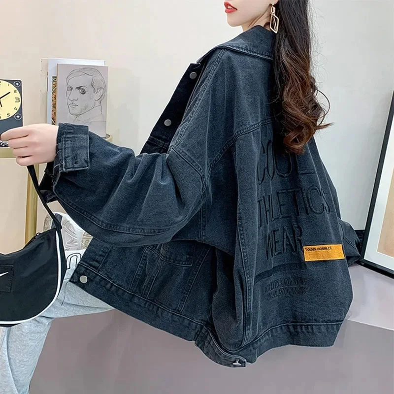 Denim Jacket Embroidered Female Ins Harajuku Style 2022 New Ladies Autumn Baseball Uniform Denim Clothes Korean Loose Fashion