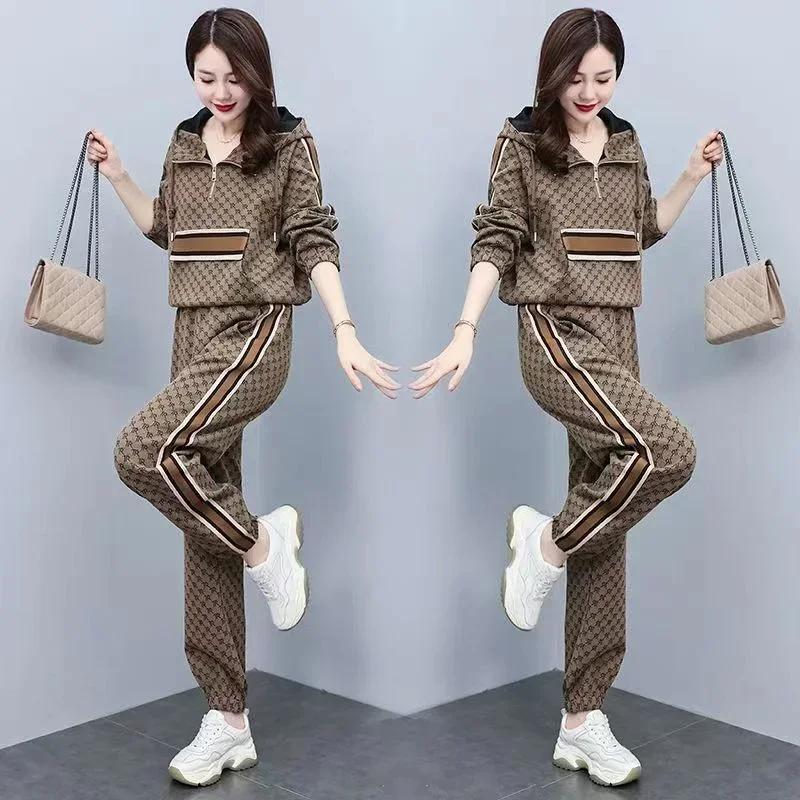 

Autumn New Fashion Temperament Sports Hoodie Two Piece Sets Women Retro Hooded Plaid Printed Trousers Casual Streetwear G168