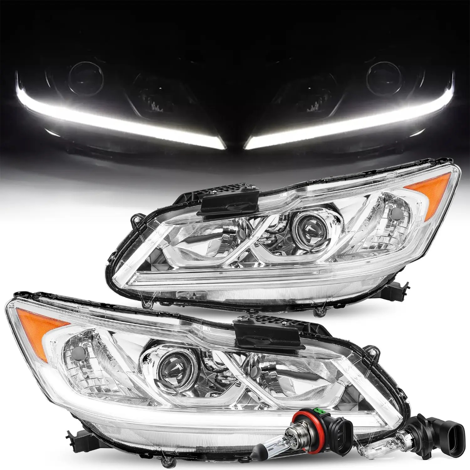 

Светодиодные фары DRL в сборе с лампами для Honda Accord Sedan 2016-2017 OEM, сменная фара проектора, хромированный корпус с