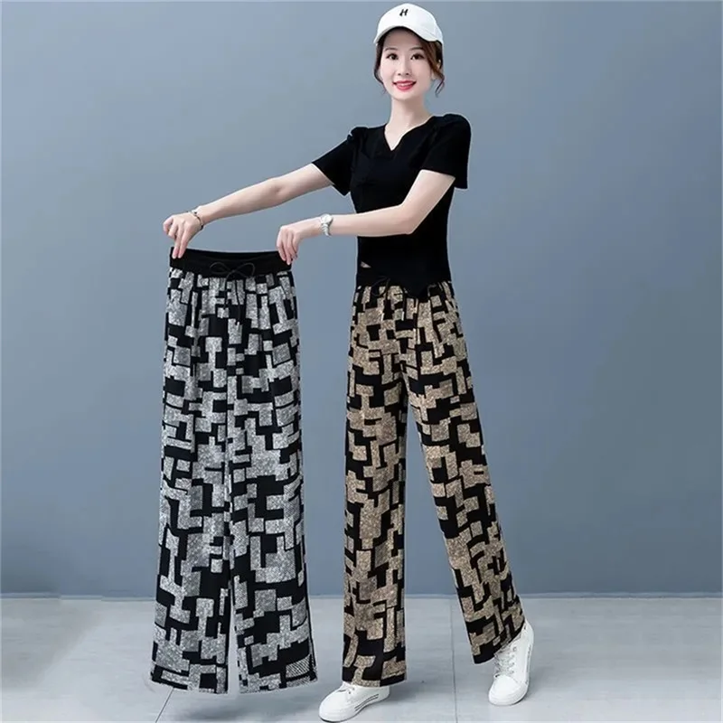 

Withdrawn ice Silk Wide Leg Pants For Women in Summer Thin Fit Loose Fit Slimming High Waist Casual Straight leg Sports Pants