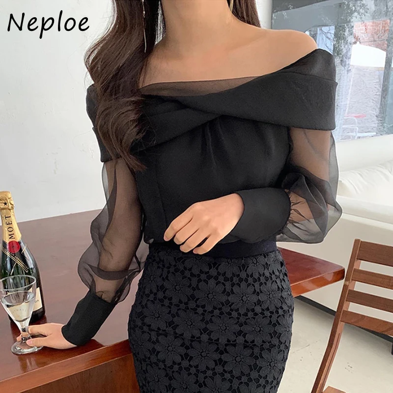 Neploe Slash Neck Spalla senza spalline Camicetta in rete Donna Primavera 2024 Nuovo Pullover Manica lunga Blusas Solid Slim Fit Camicia selvaggia