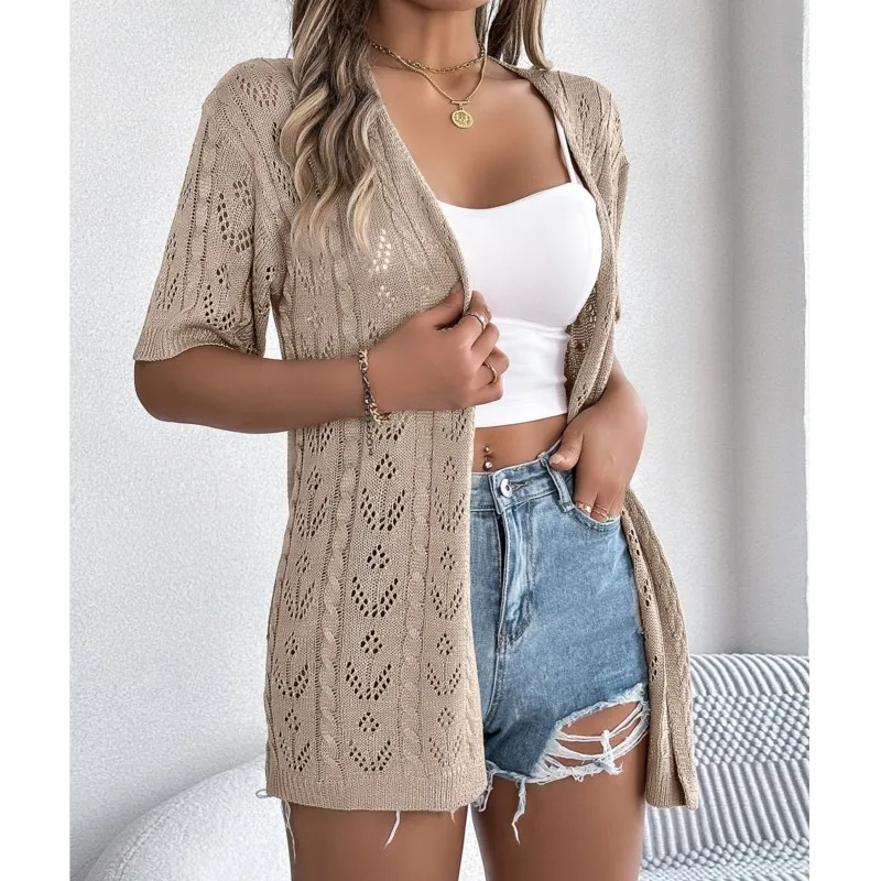 Beach Vacation 2024 Spring/Summer Solid Color Hollow Short Sleeve Knitted Cardigan Vacation Sun Protection Shirt Women\'s Wear