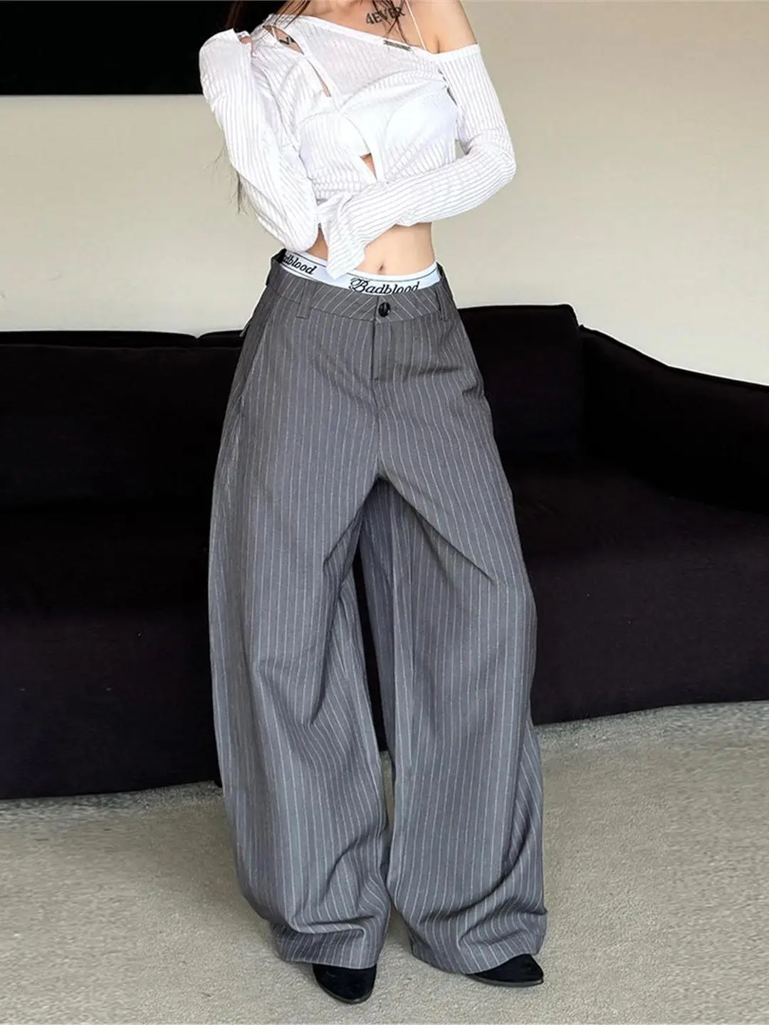 

Американские ретро-брюки в полоску с широкими штанинами, свободные, струящиеся, высококачественные, повседневные, унисекс