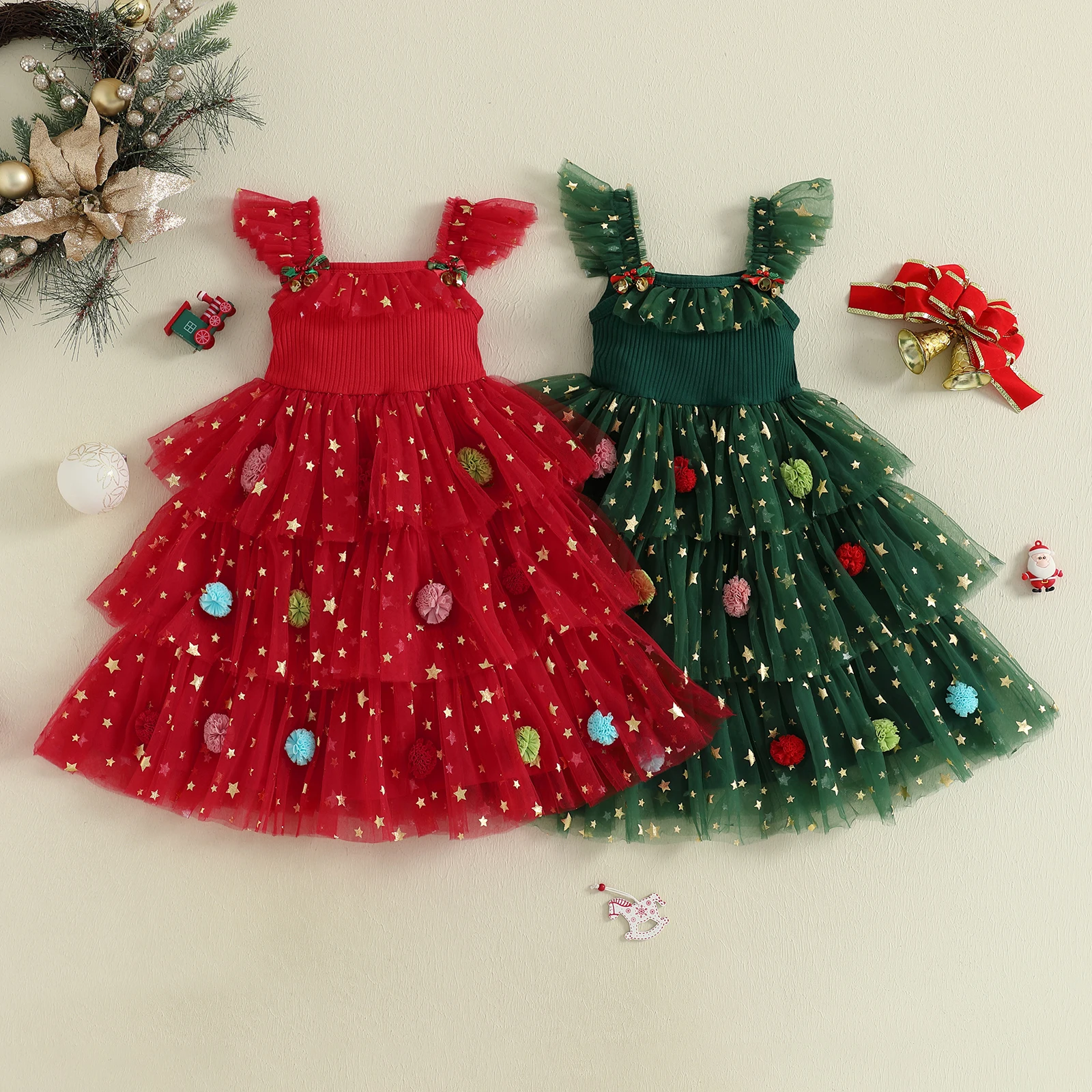 1-6Y Kids Toddler Baby Girl Christmas Dress Star Balls Layered Tutu Tulle Dress Square Neck Princess Mesh Xmas Dresses