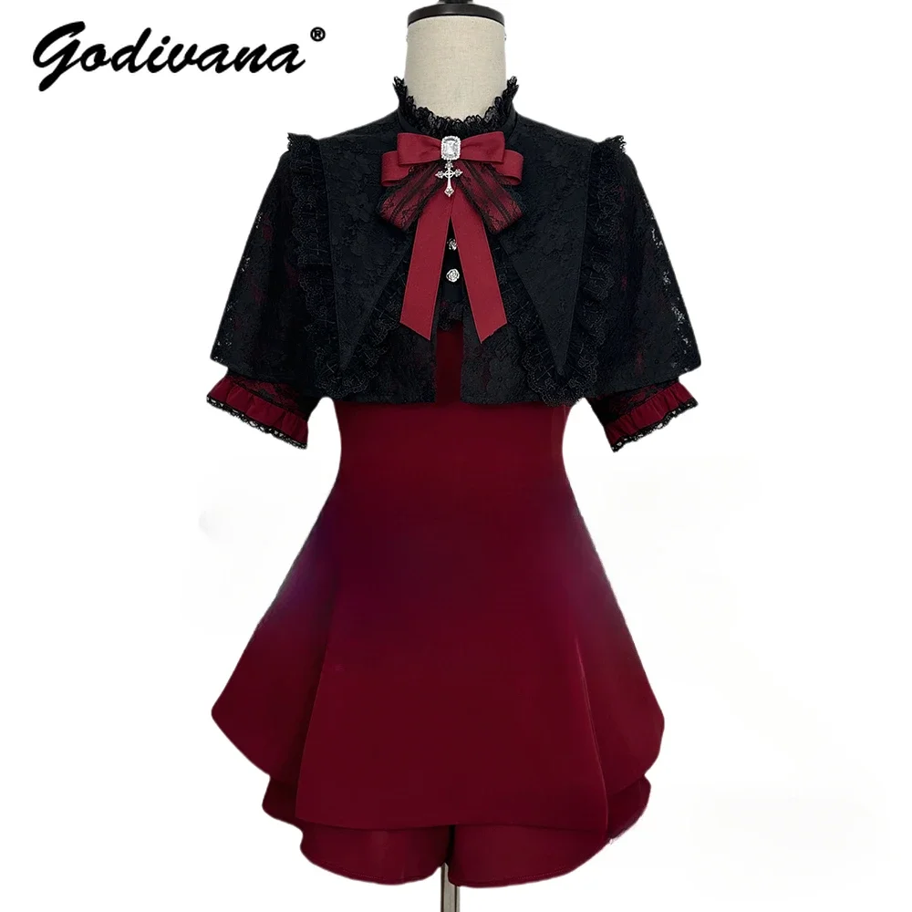 

Japanese Style Lolita Women's Top and Shorts Set Sweet Outfits New Summer Autumn Lace Large Lapel Cape Dress Slim Outfits