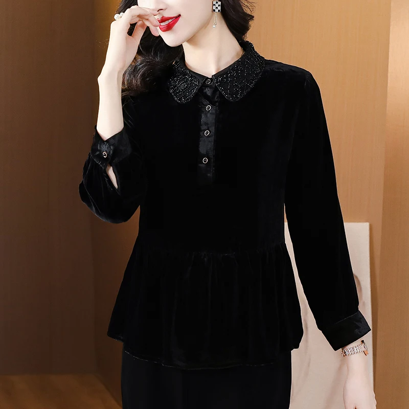 2024 Blue Velvet Long Sleeve O-Neck Top Coats Autumn Winter Black Thick Warm Casual Blouses Women Korean Vintage Luxury Top Coat