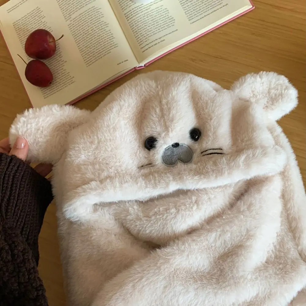Fashion Fleece Seal Plush Hooded Scarf Cute 3 in 1 Earflap Hat Beanie Thickened Winter Cap Outdoor