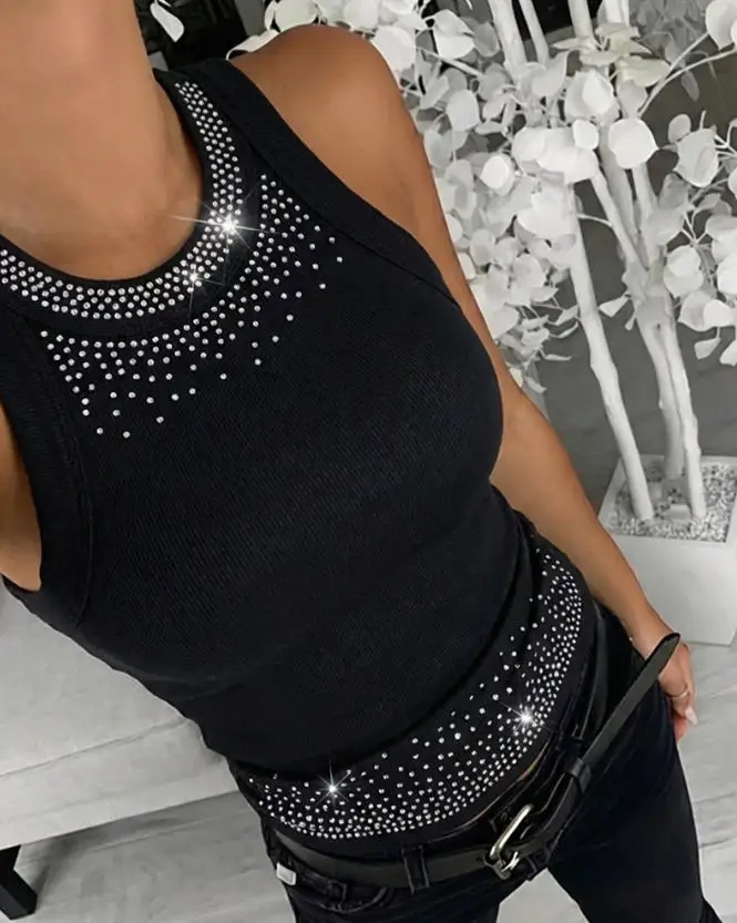 

Women's Short Sleeved Top&fashionable Retro Elegant Solid Color Rhinestone Decoration O-Neck Sleeveless Slim Ribbed Vest Top