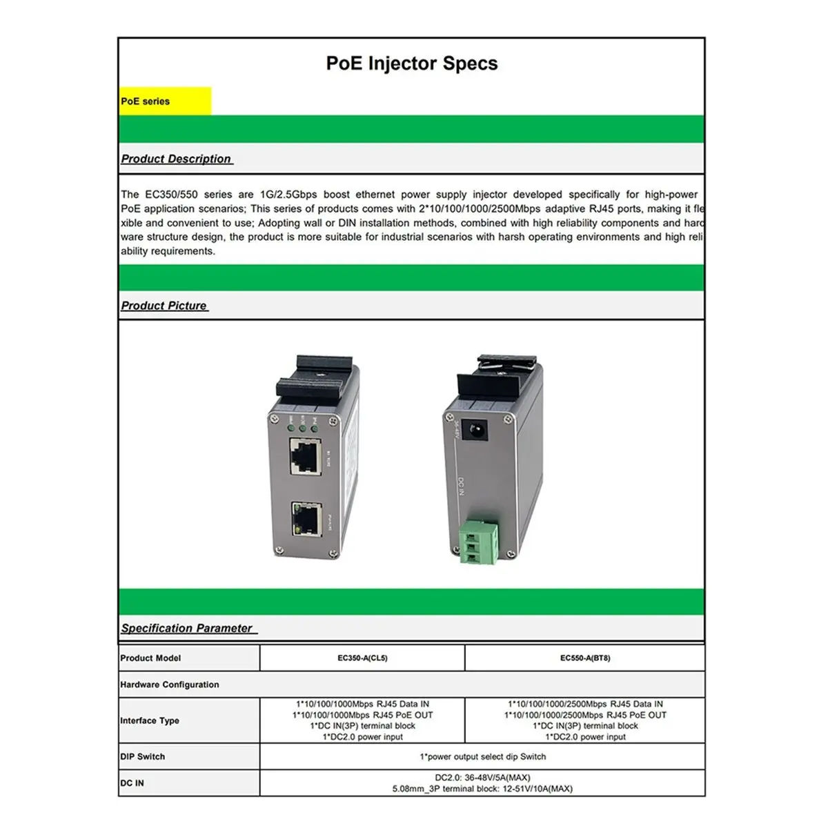 A86G NEW For V2/V3 2.5G PoE Injector Max200W 48-57VDC in+57V PoE Out with DIN Rail Wall-Mounting PoE Injector 45W