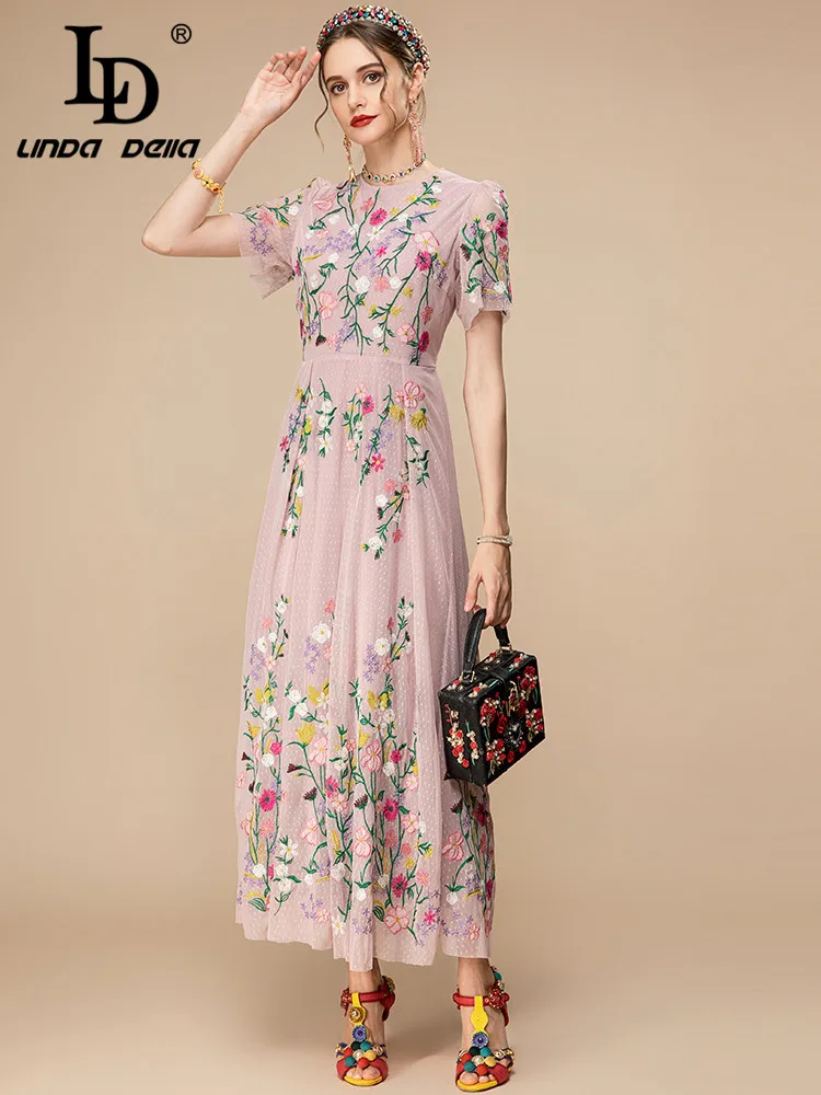 LD LINDA DELLA Fashion Designer 2023 Summer New Dress Women Short sleeve Pink Mesh Flowers Embroidery Vintage Party Long Dress