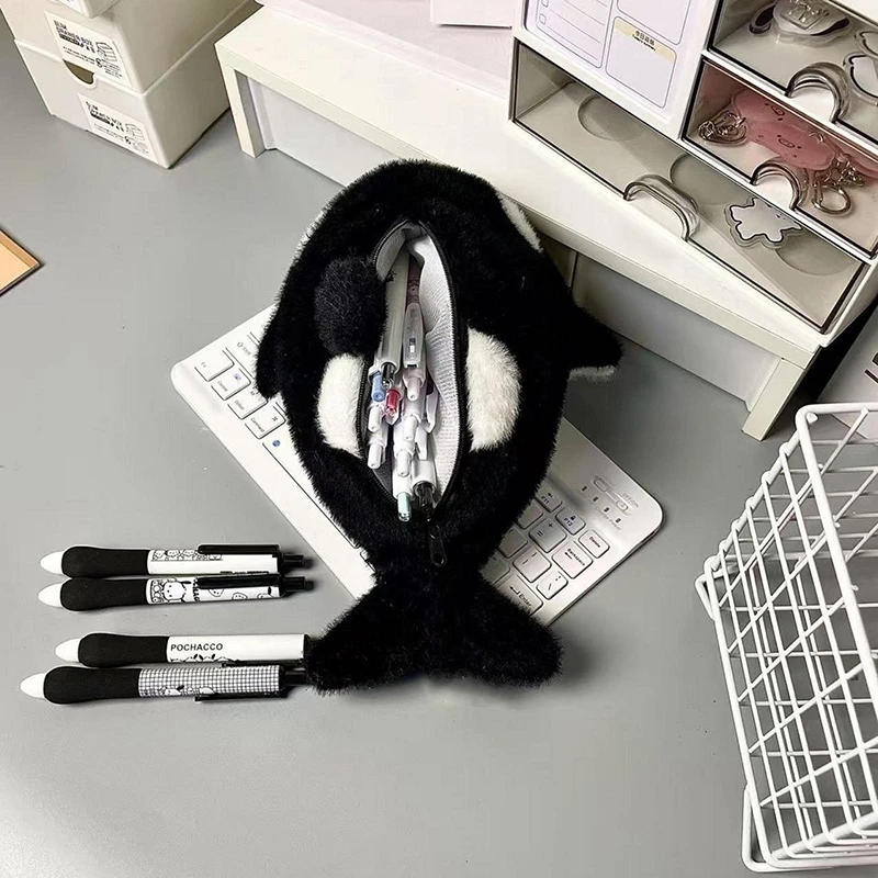 ●Cartoon Plush Killer Whale Pen Bag Large Capacity Stationery Bag Student Gift For School Office Funny Pencil Case view 4