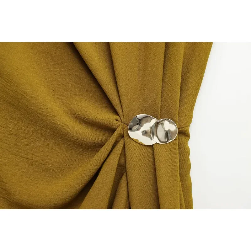 فستان بدون أكمام للنساء بأزرار معدنية، فستان متوسط الطول بطيات، ملابس مكتبية بسيطة، لون سادة، ملابس صيفية