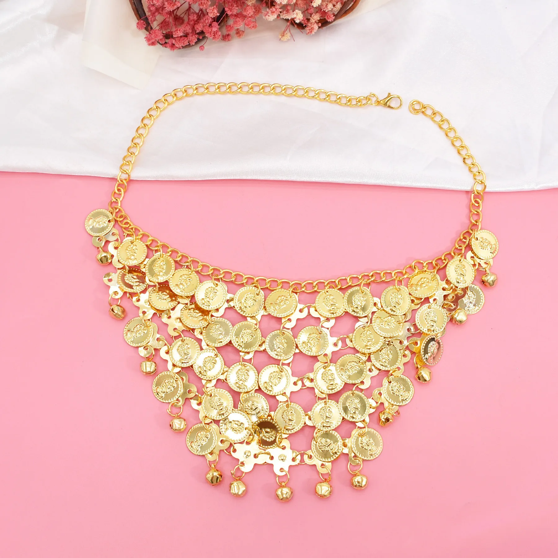 ชุดเต้นระบำหน้าท้องต่างหูสร้อยคอโลหะเครื่องประดับ2ชิ้น/เซ็ตชุดเต้นระบำหน้าท้องสีทองอุปกรณ์การแสดง