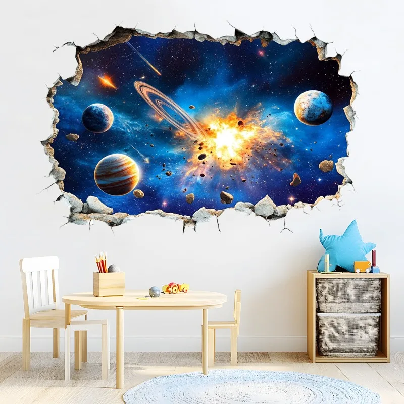3D Cosmic Space Planet Broken Wall Stickers For Kids Room Bedroom Decals Nursery Home Decoration Mural Break The Wall Wallpaper