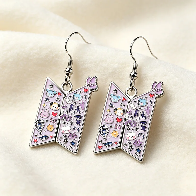 Cute Purple Bow Flag‑Shaped Enamel Dangle Earrings Cartoon Drop Earrings Necklace Bracelet Set Fashion Daily Jewelry Gift Women