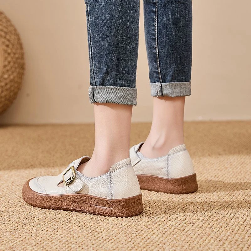 Original Natural Leather Shoes for Women Vintage Comfort Round Toe Buckl Flats Woman Slip On Orthopedic Loafers Ladies Moccasins