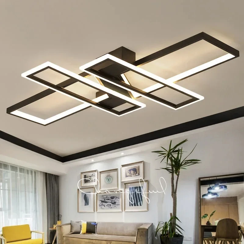 Moderne Led Kroonluchters Verlichtingsarmaturen Met Afstandsbediening Zwart Glans Plafondlamp Voor Woonkamer Slaapkamer Keuken Huis