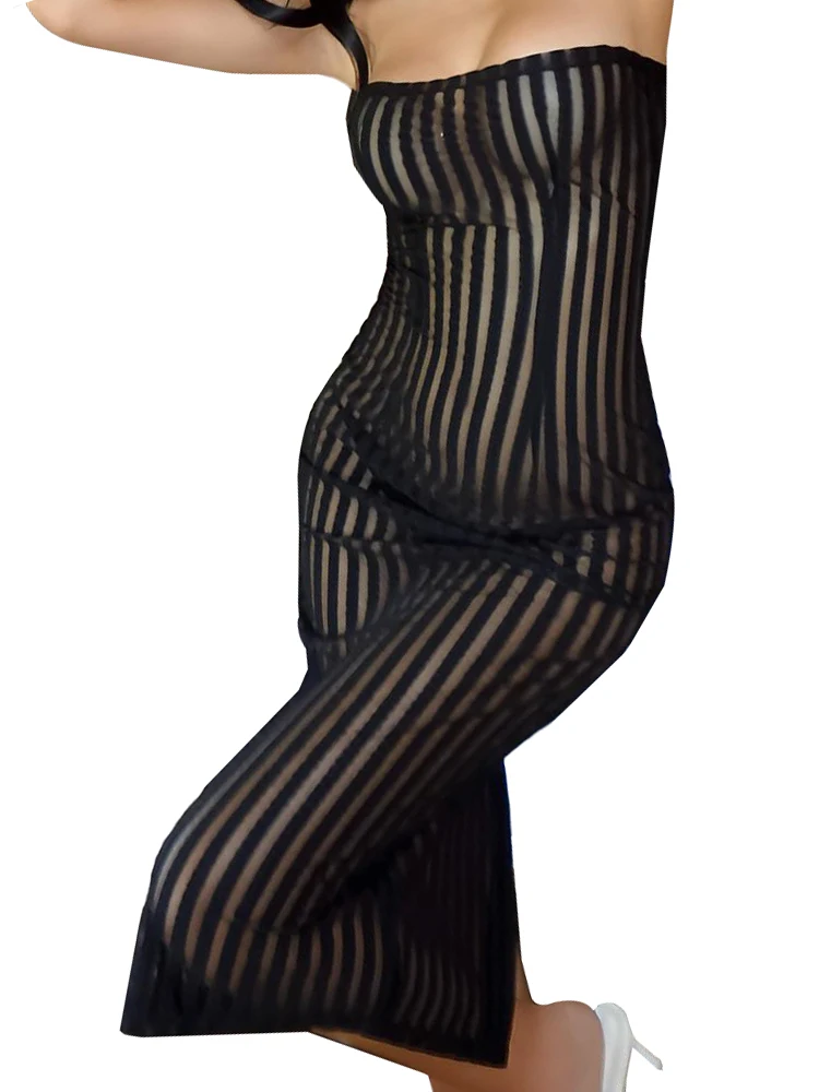 

Belamimi Fashion Sexy Perspective Striped Slim Shaping Bandeau Lingerie Dress With Thong Underwear Set