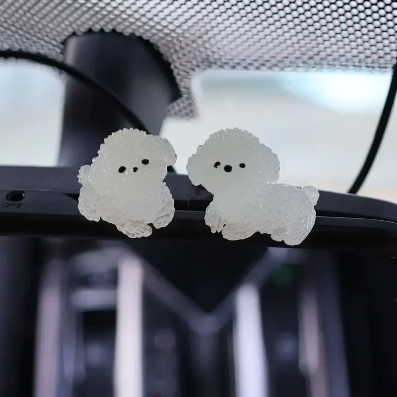 New Glow-in-the-Dark Resin Car Small Ornament Cute Puppy Bichon Frise Cars Center Console Decorations Mini Decorative Parts