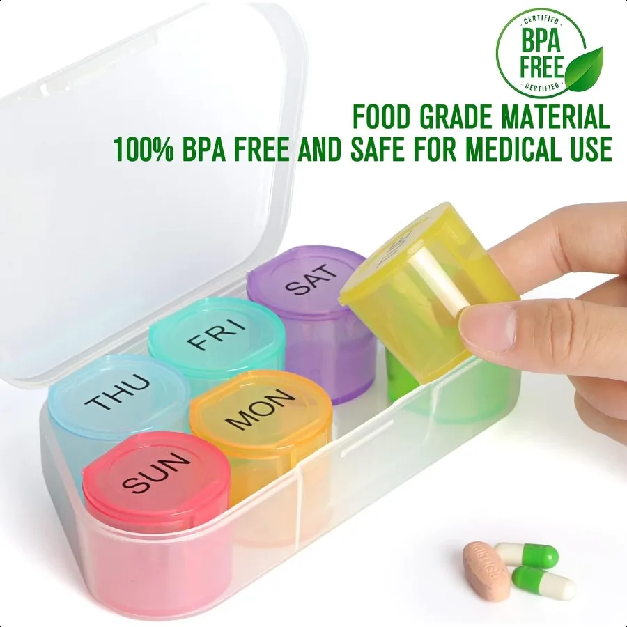 منظم حبوب أسبوعي منظم دواء خالٍ من مادة BPA، صندوق حبوب قوس قزح لمدة 7 أيام، حاوية حبوب منع الحمل المحمولة اليومية لحبوب منع الحمل وأسماك فيتامين