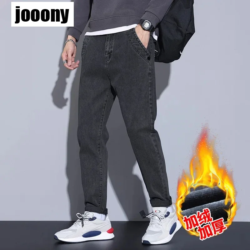 

Джинсы Мужская одежда Свободные повседневные брюки Эластичные осенне-зимние теплые ретро базовые повседневные толстые теплые трендовые универсальные брюки Harajuku