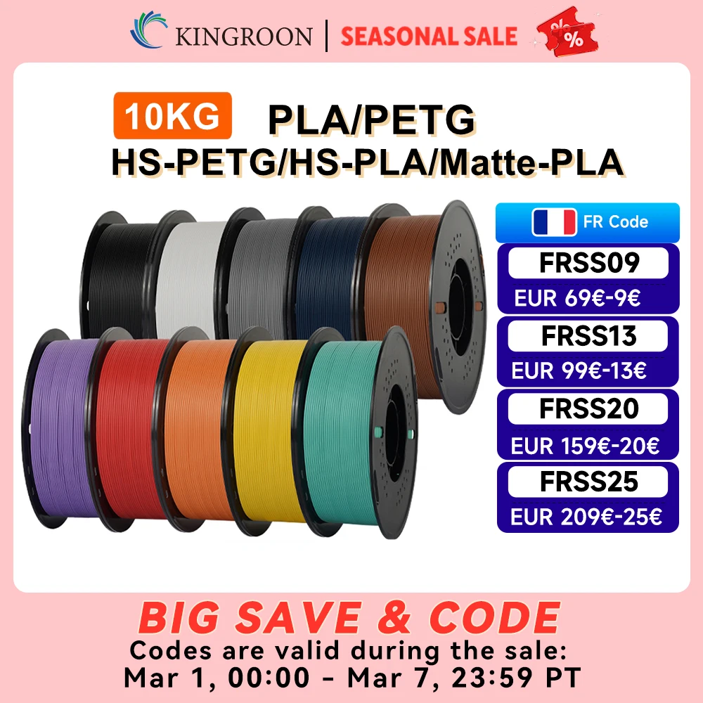 KINGROON 10KG(22LBS) PLA PETG HS-PLA HS-PETG Filament 1.75mm matériau d'imprimante 3D haute vitesse mat PLA 1kg * 10 rouleau mélange de couleurs