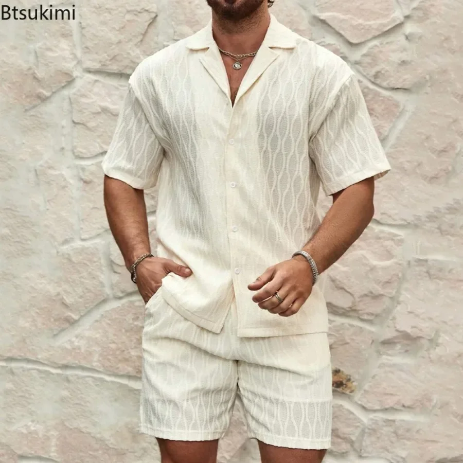 2025 Men Tracksuits Summer Fashion Solid Loose Casual Two Pieces Lapel Button Shirt Shorts Beach Holiday All-match Outfits Male