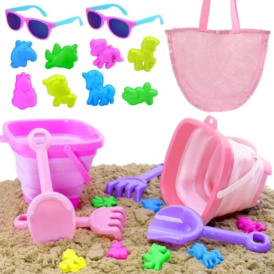 Moldes de arena para playa, juguetes para niñas de 24 años, cubo de arena plegable, juguetes, palas rosas, gafas de sol y malla para 35 años O