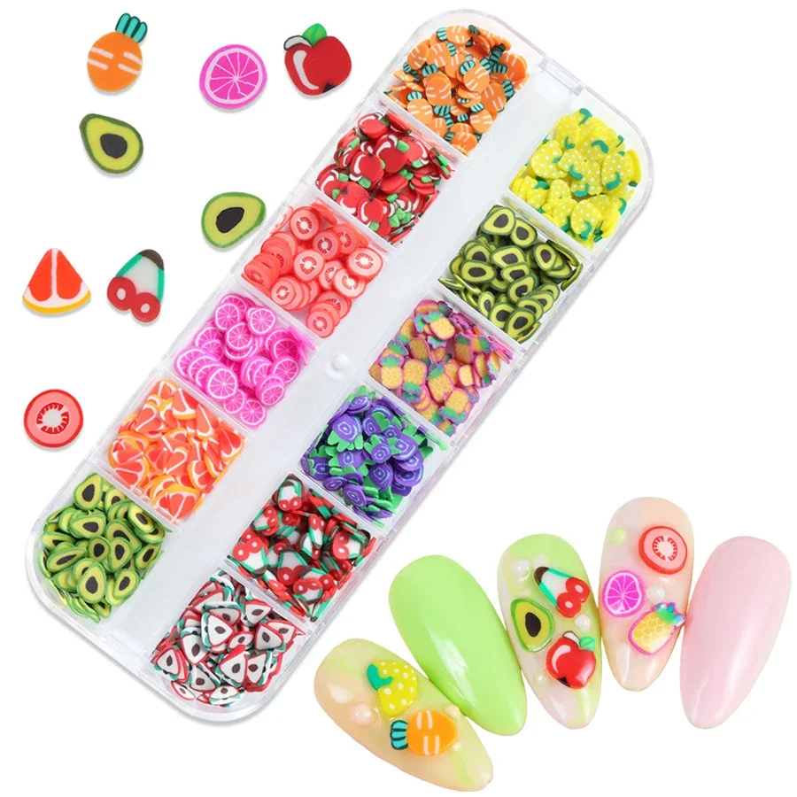 12 Grid Fruit Polymer Clay Slices, Strawberry Lemon Nail Art