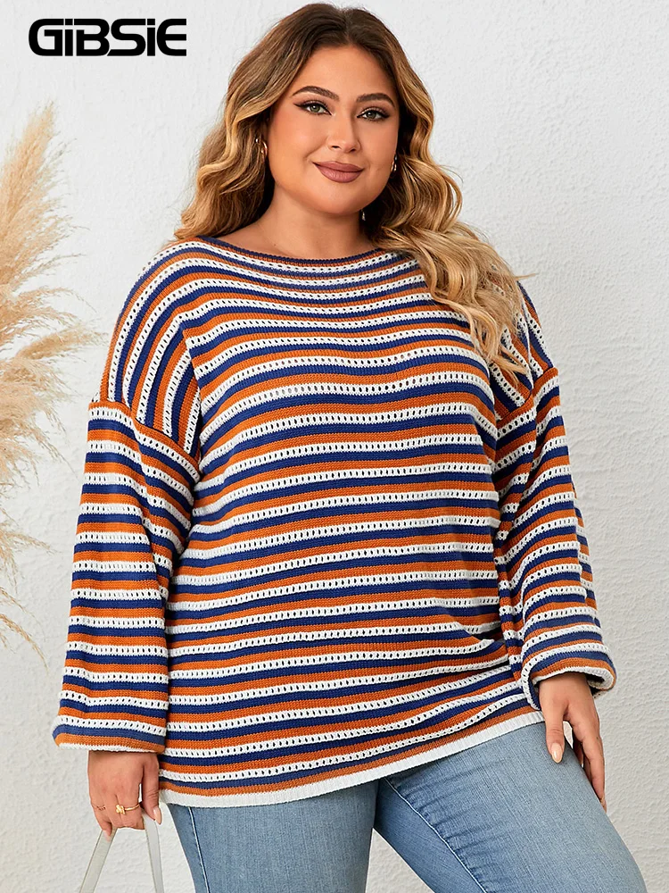 GIBSIE Plus Size Drop Shoulder O-Neck Knitted Sweater Women 2023 Fall Winter Striped Casual Long Sleeve Loose Pullover Tops