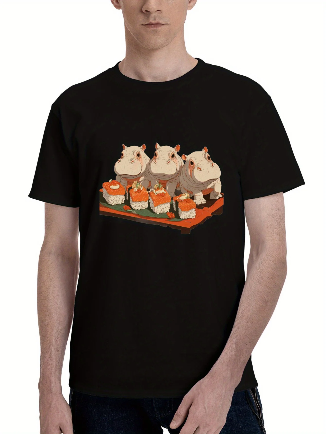 Funny Men's Black Graphic T-Shirt Hippo Sushi Roll Platter Cute Animal Food Illustration Japanese Style Print 100% Cotton Heavyweight Short Sleeve Casual Streetwear Tee