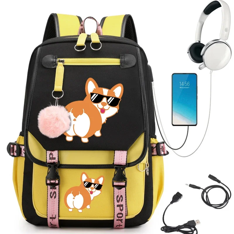 Corgi Butt Print Mochila para Meninas, Sacos de estudante do ensino médio, Carregamento USB Bookbag, Bagpack de viagem, Kawaii Anime Bolsas