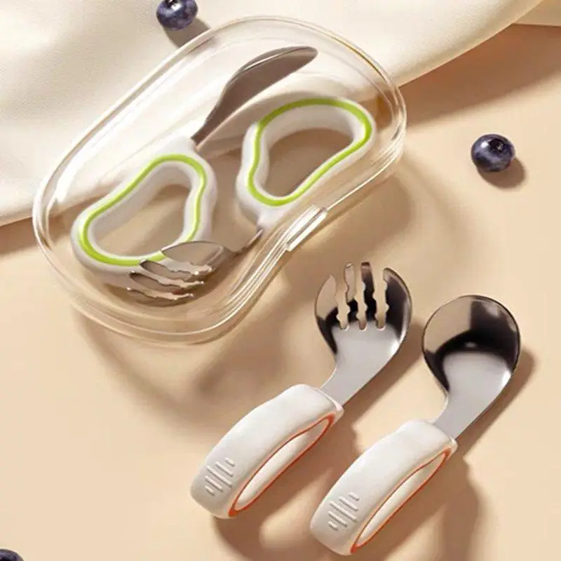 Infant Feeding Training Spoon Fork Set Soft Non-Slip Silicone Handle Baby Tableware for Toddler Self Feeding Travel