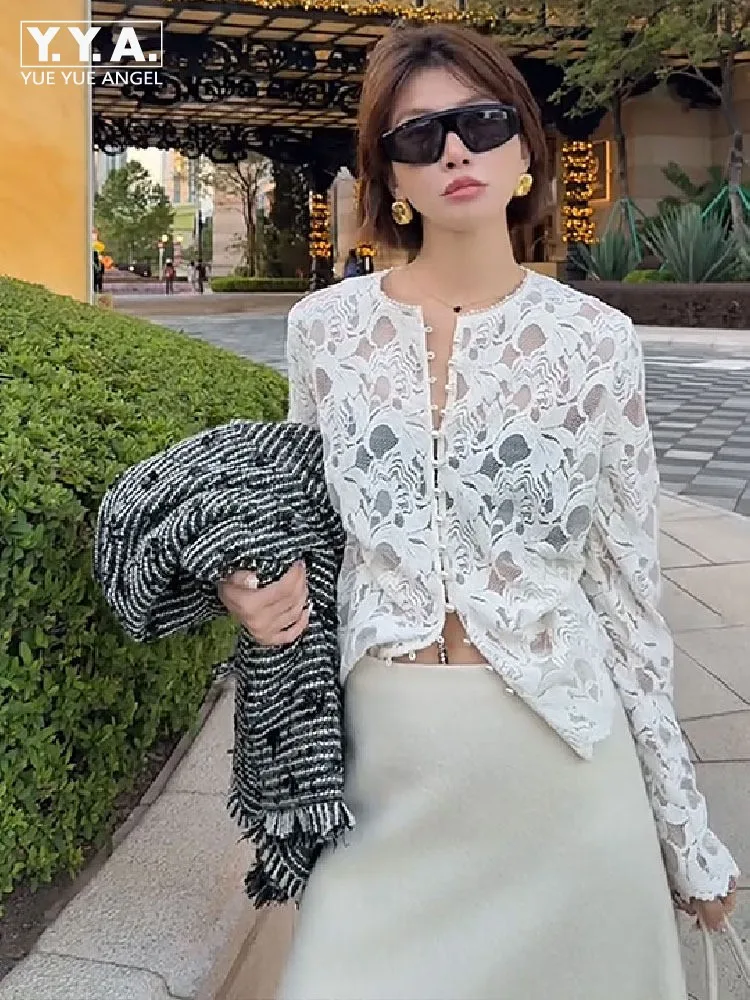 

Новая модная женская ажурная рубашка-топ с вырезом на горловине, длинным рукавом, прозрачная, пляжная, кружевная, повседневная уличная одежда