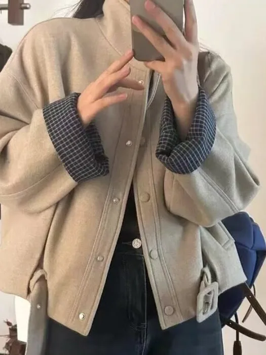 Retro Patchwork Plaid Woolen Coat Women's Autumn New Light Maturity Style Stand Collar Korean Version Top Polyester Fiber