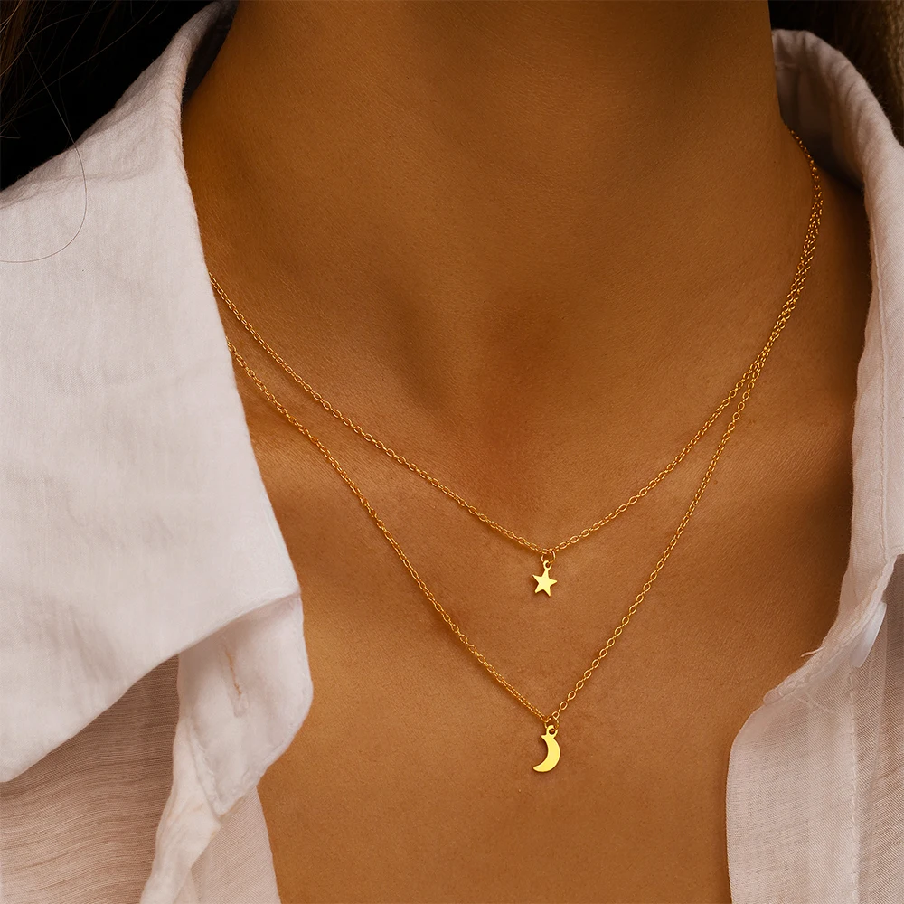 CANNER 925 Sterling Silver Double Layered Love Wisiorek Naszyjnik Dla Kobiet 18K Złoto Ins Star Moon Naszyjnik Drobna Biżuteria Prezenty — zdjęcie 7