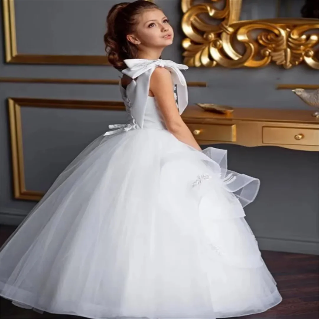 White Flower Girl Dress Fluffy Tulle Bow Beaded Lace Sleeveless Wedding Child First Eucharistic Ball Party Dress